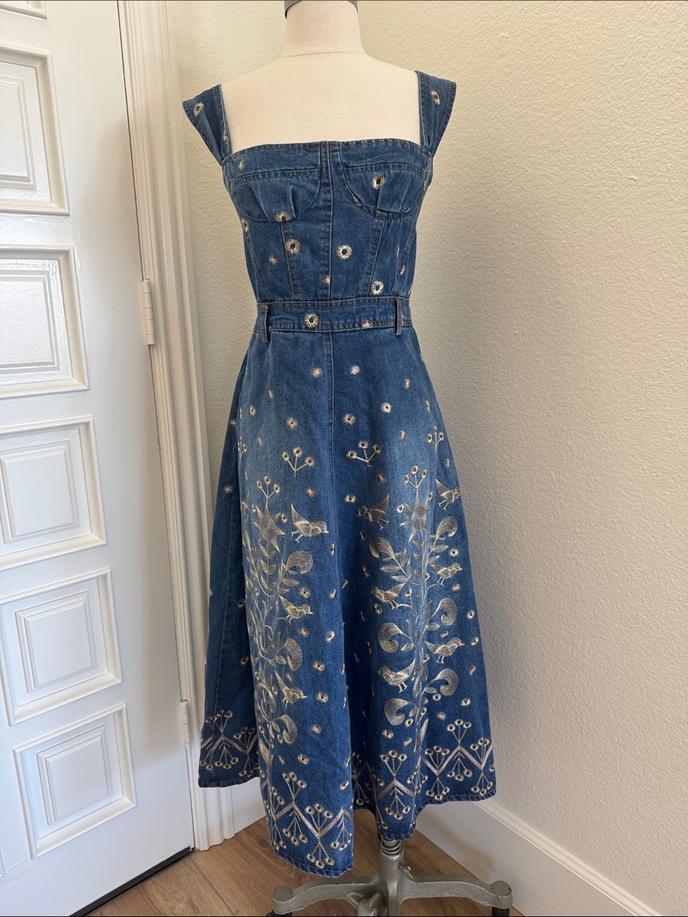 Blue Embroidered Denim Midi Dress